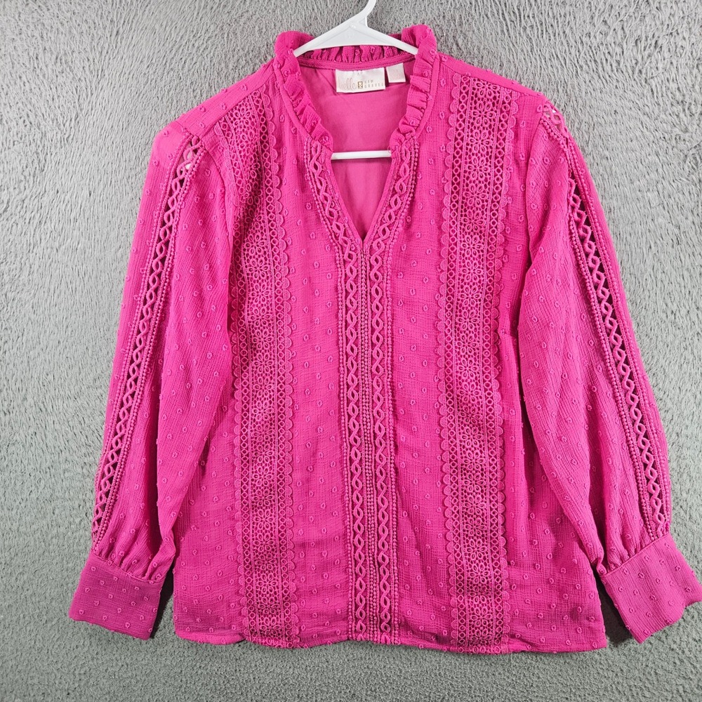 Belle by Kim Gravel Pink Swiss Dot Lace Crochet Ruffle V-Neck Blouse Top XS